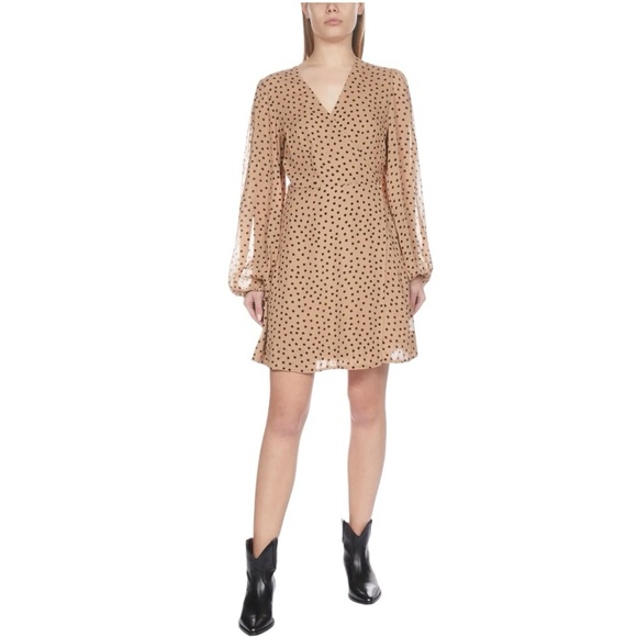 Ganni Brown Nude Polka Dot Wrap Mini Dress size 42 L 10 12 Work Date Night Party - Picture 2 of 13